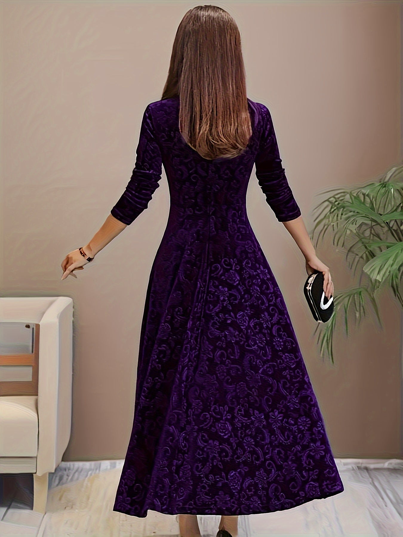 Velvet Midi Dress with Floral Embroidery and Three-Quarter Sleeves, Back Zipper