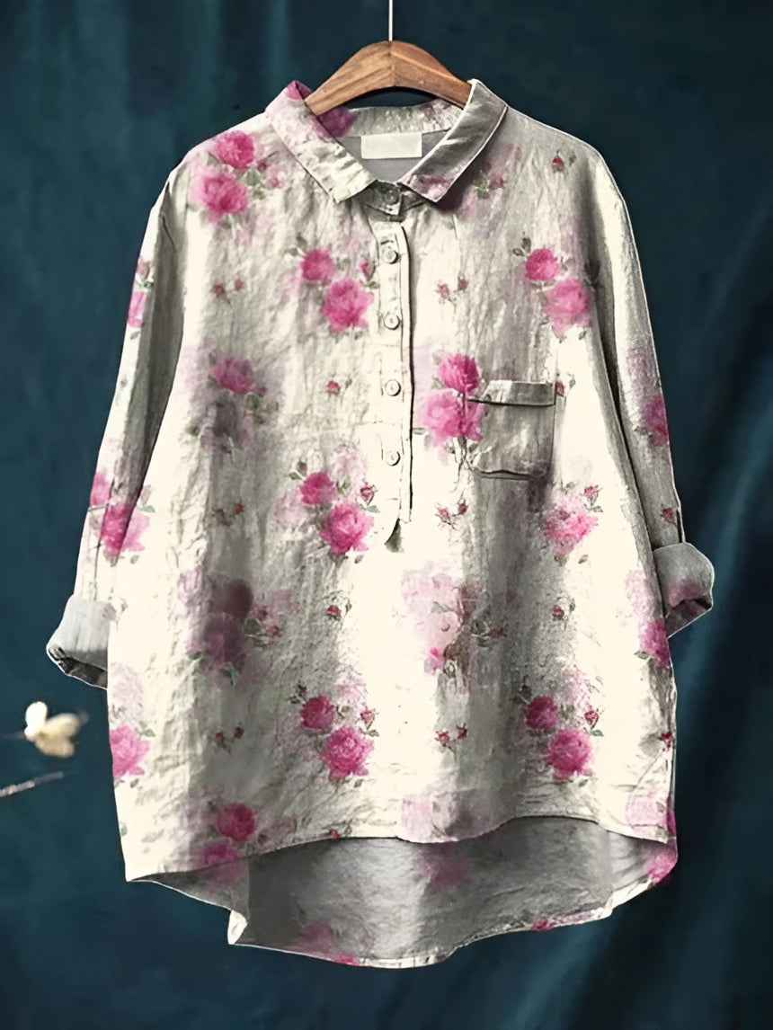 Women's Floral Blouse with Breathable Woven Fabric and Relaxed Fit, Long Sleeve