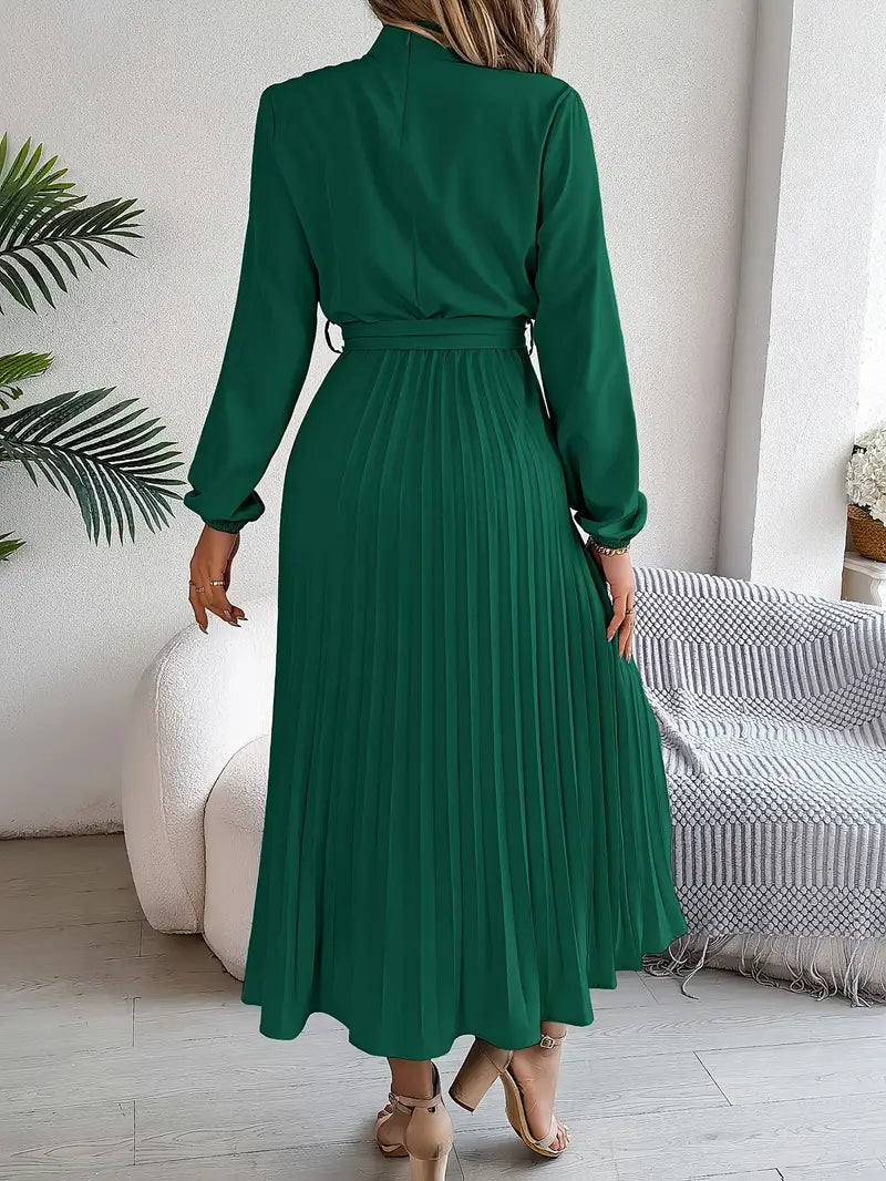 Long Sleeve Pleated Dress with Removable Belt and Hidden Zipper, Lightweight Polyester