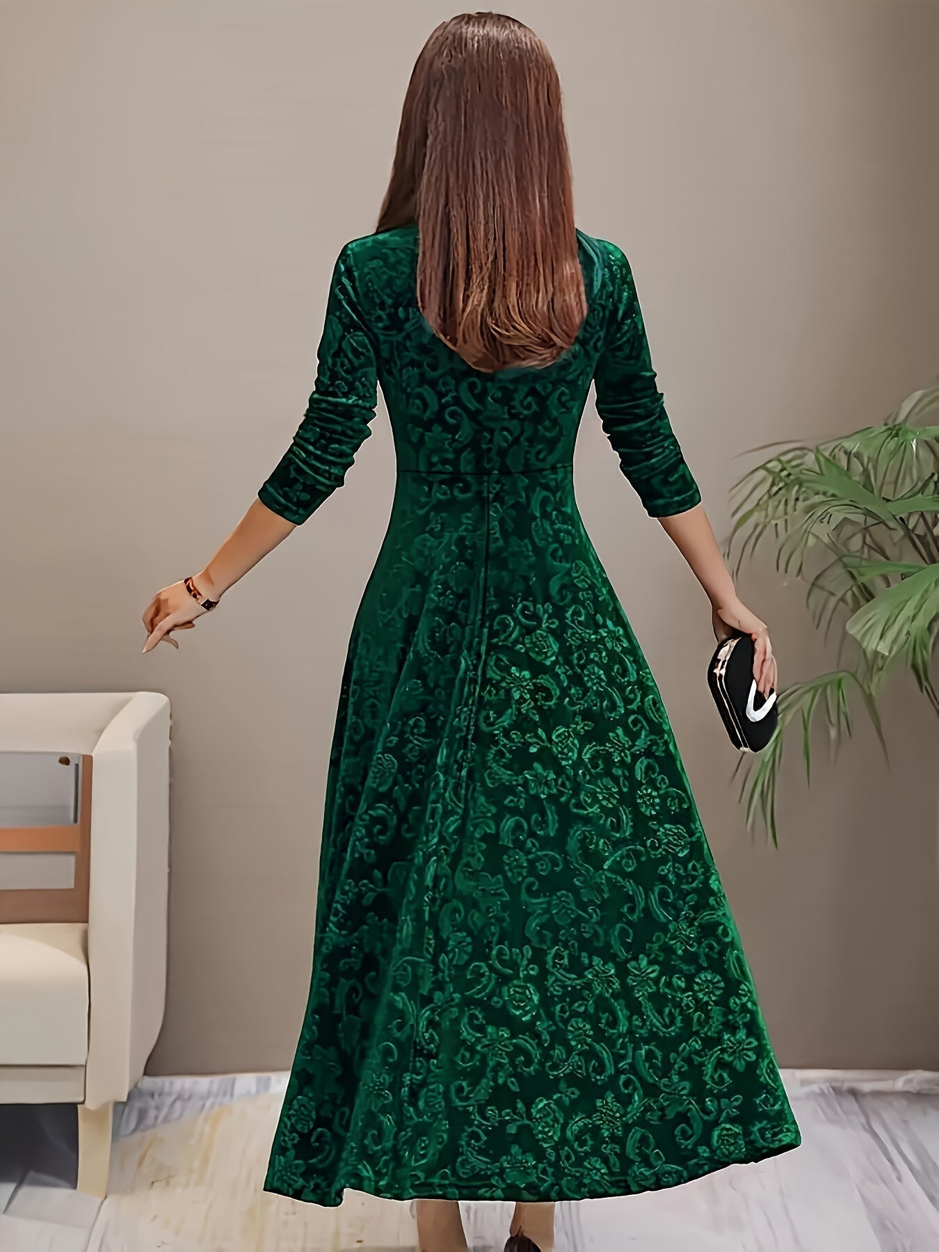 Velvet Midi Dress with Floral Embroidery and Three-Quarter Sleeves, Back Zipper
