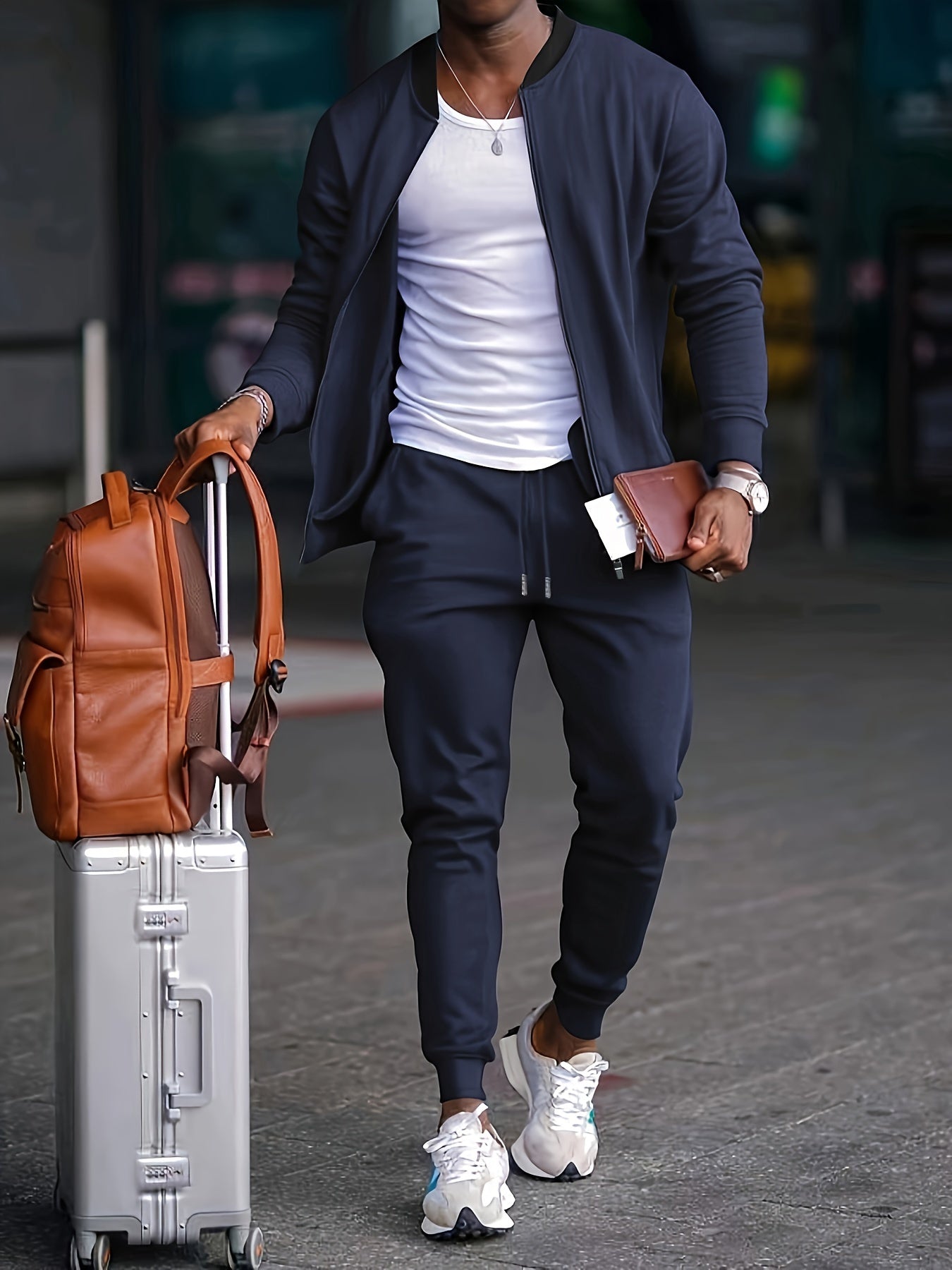 Men's Travel Tracksuit with Zip Jacket and Tapered Joggers, Lightweight Knit