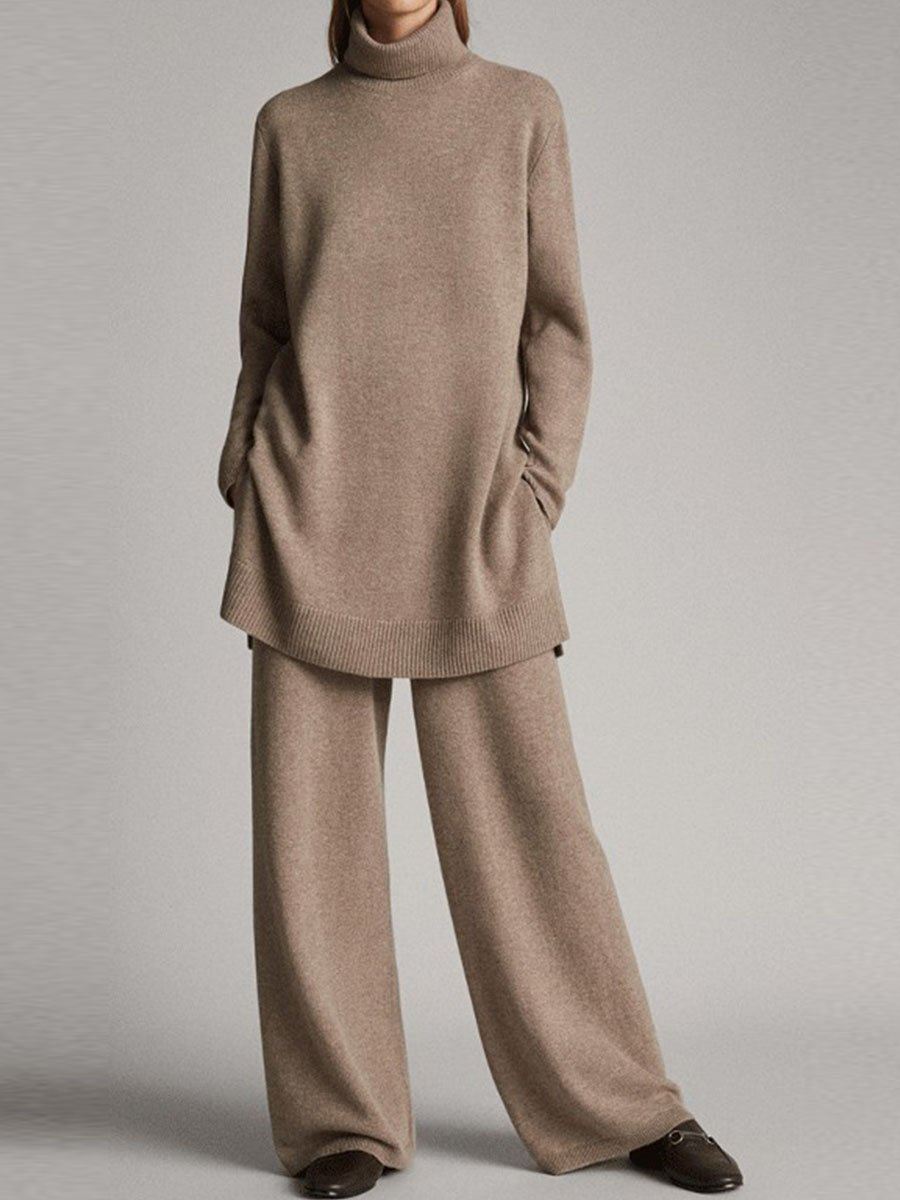 Women's Two-Piece Lounge Set with High Neck and Wide-Leg Pants, Relaxed Knit
