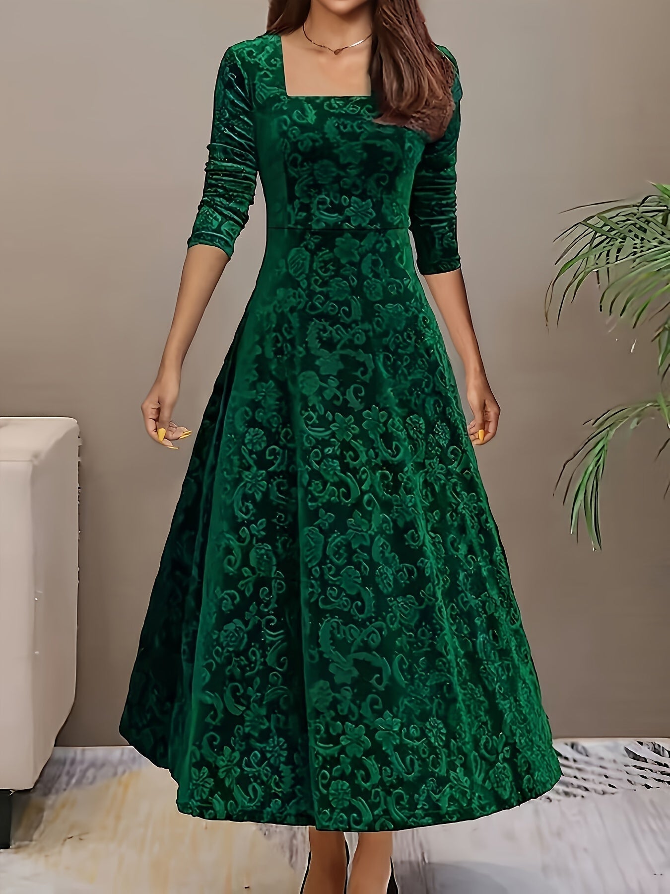 Velvet Midi Dress with Floral Embroidery and Three-Quarter Sleeves, Back Zipper