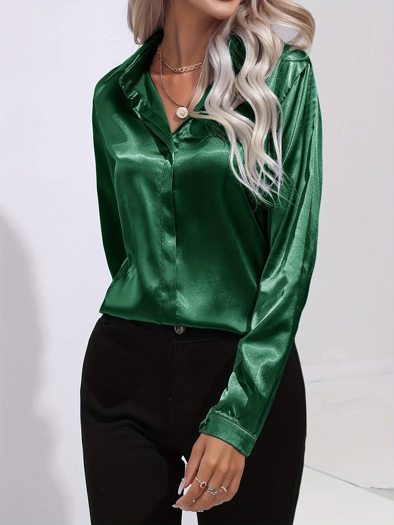 Satin Blouse for Women with Button Down Front and Long Sleeves, Tailored Relaxed Fit