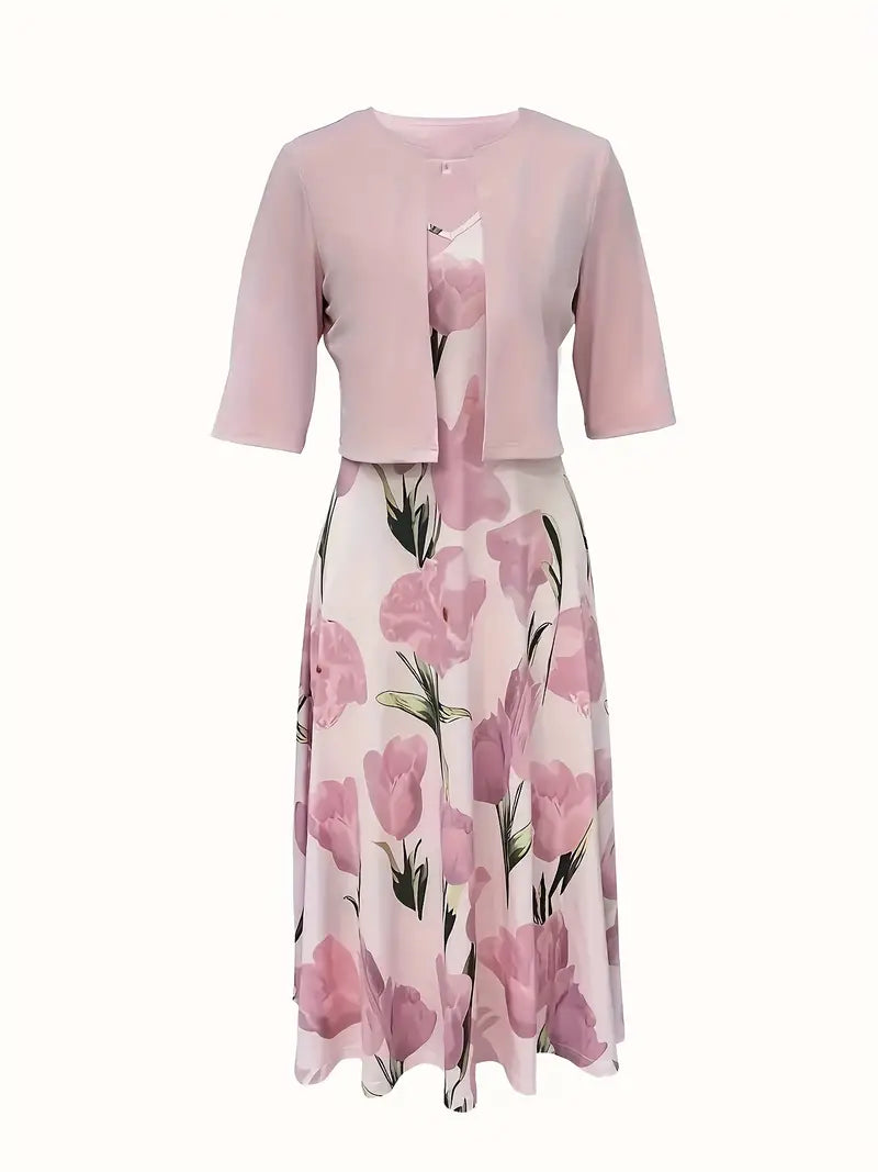 Women's Floral Maxi Dress with Cropped Jacket and Lightweight Breathable Fabric