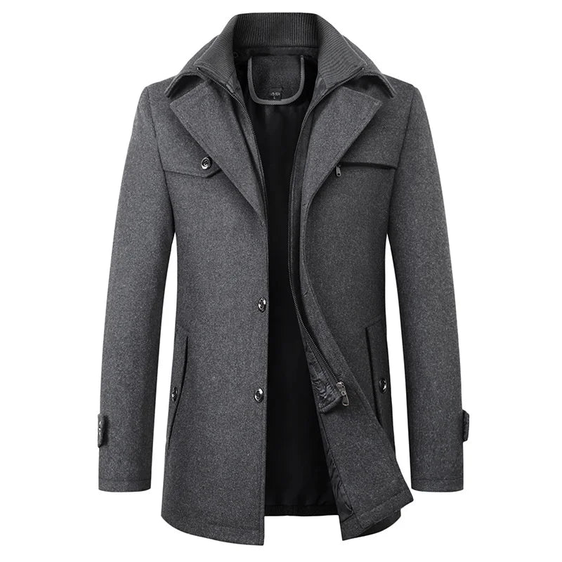 Men's Longline Overcoat with Wool Blend Fabric and Tailored Button Front, Knee-Length