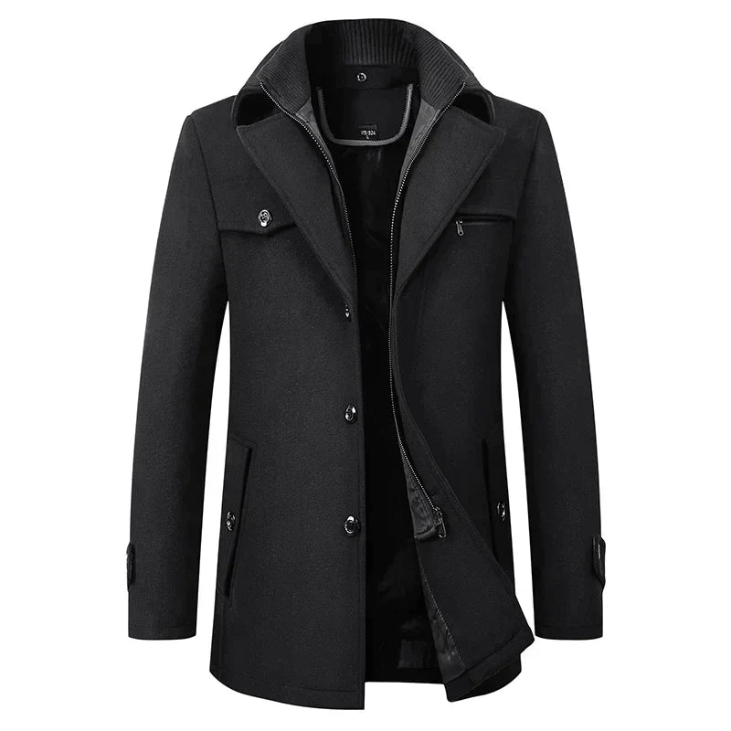 Men's Longline Overcoat with Wool Blend Fabric and Tailored Button Front, Knee-Length
