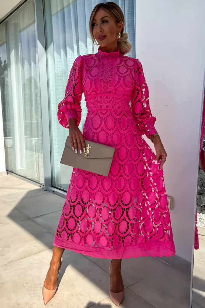 Midi Dress with Lace Overlay and Fitted Bodice