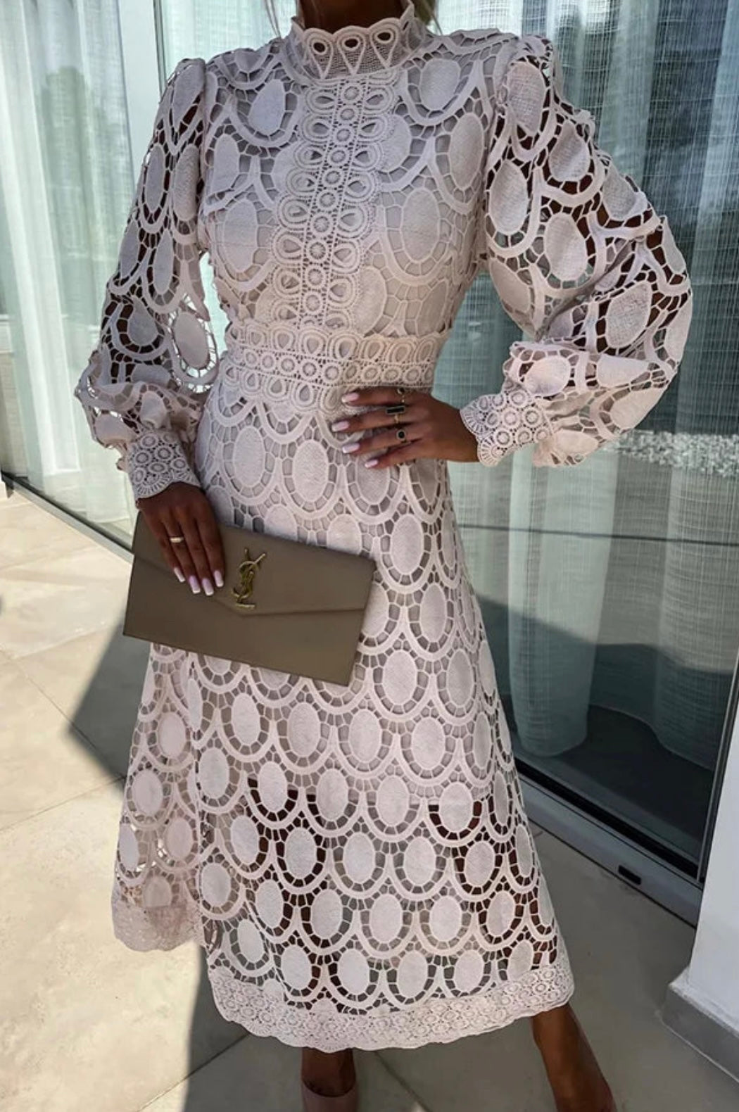 Midi Dress with Lace Overlay and Fitted Bodice