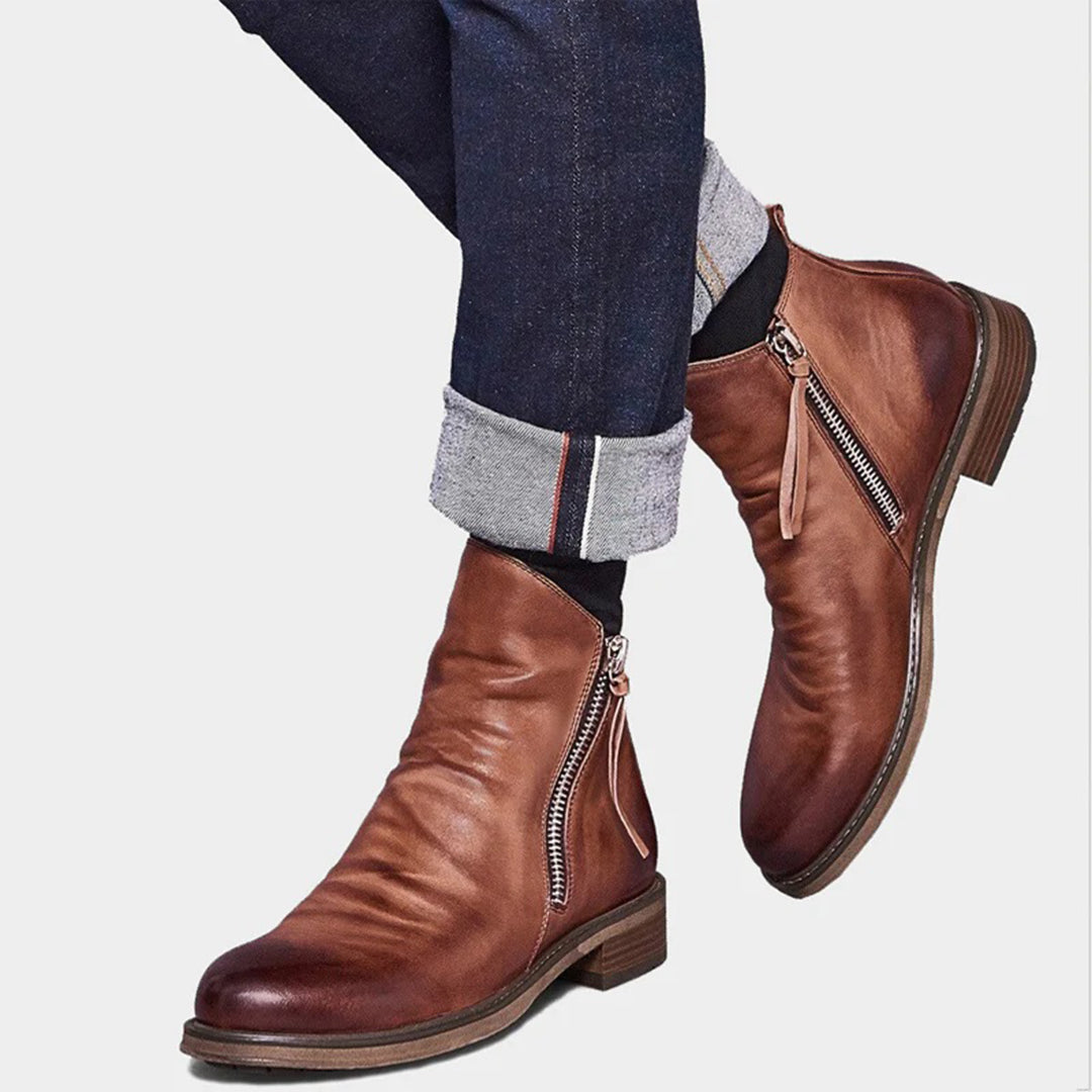 Mens Brown Leather Ankle Boots with Side Zipper and Cushioned Footbed