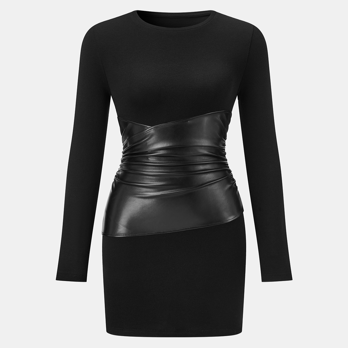 Mini Bodycon Dress with Faux Material Panel and Long Sleeves - Crew Neckline