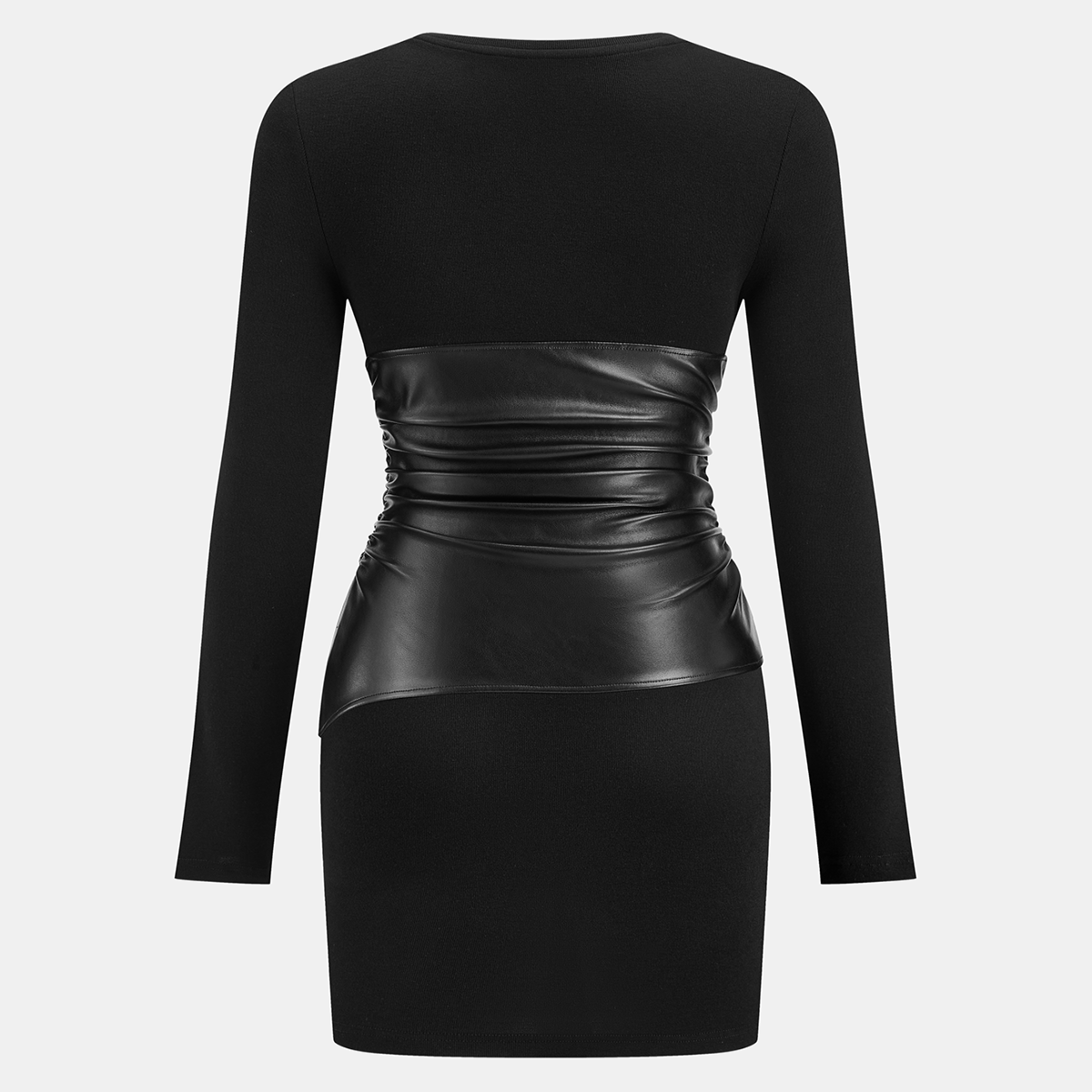Mini Bodycon Dress with Faux Material Panel and Long Sleeves - Crew Neckline