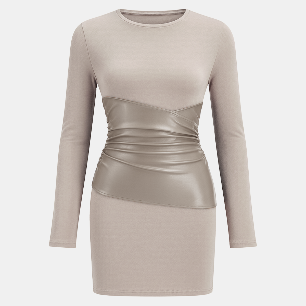 Mini Bodycon Dress with Faux Material Panel and Long Sleeves - Crew Neckline