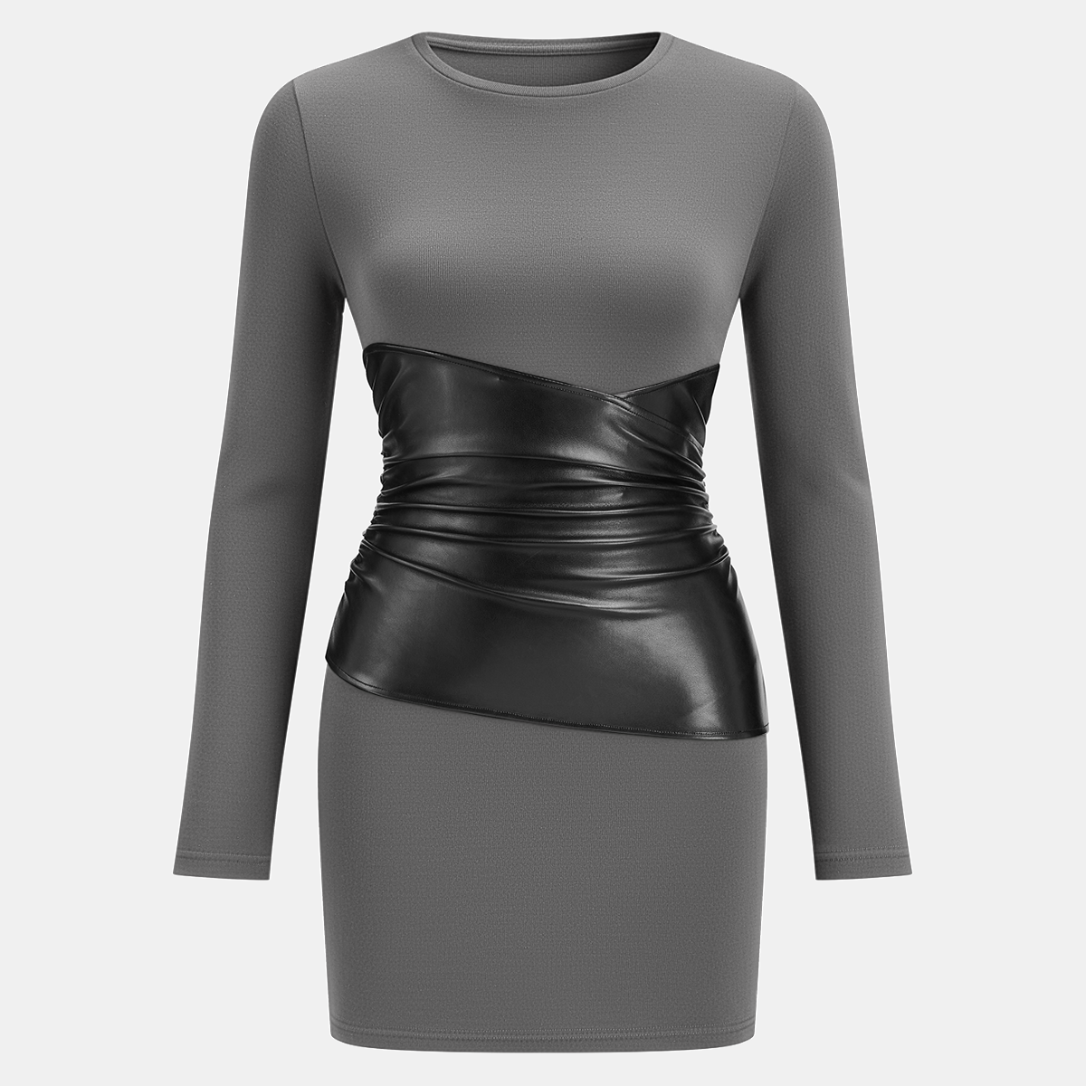 Mini Bodycon Dress with Faux Material Panel and Long Sleeves - Crew Neckline