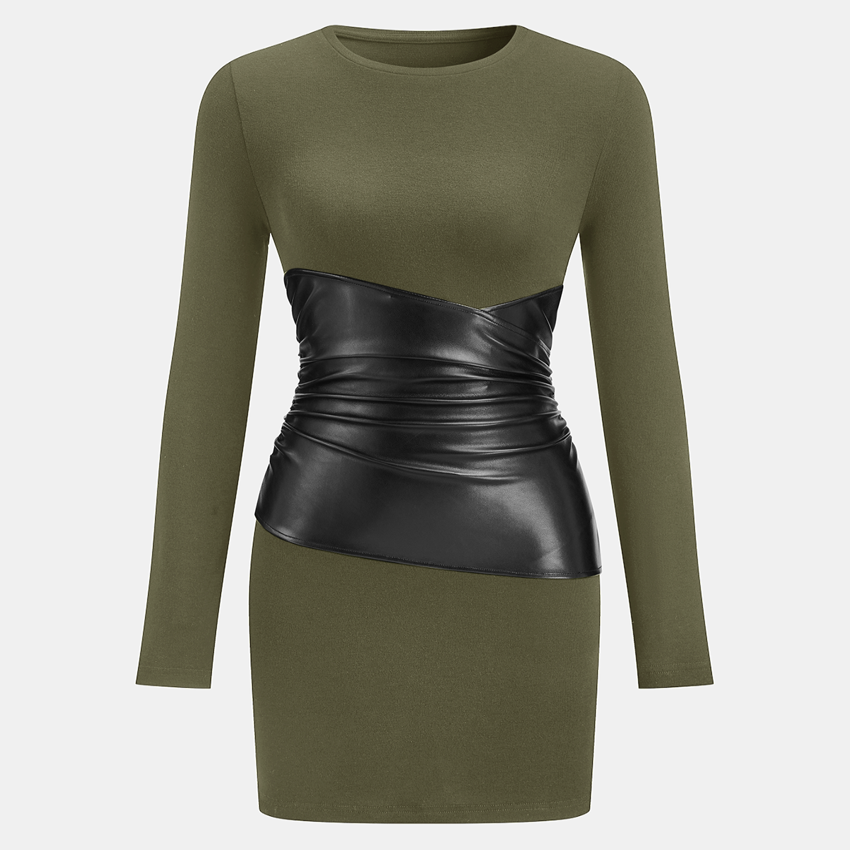 Mini Bodycon Dress with Faux Material Panel and Long Sleeves - Crew Neckline