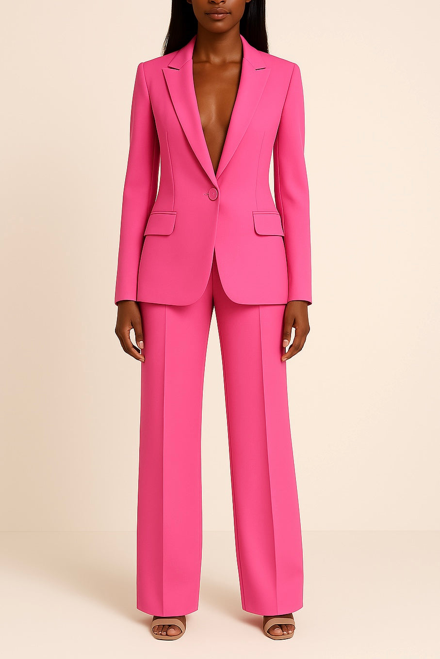 Women's Tailored Suit Set with Longline Blazer and Slim Trousers, Slight Stretch Fabric