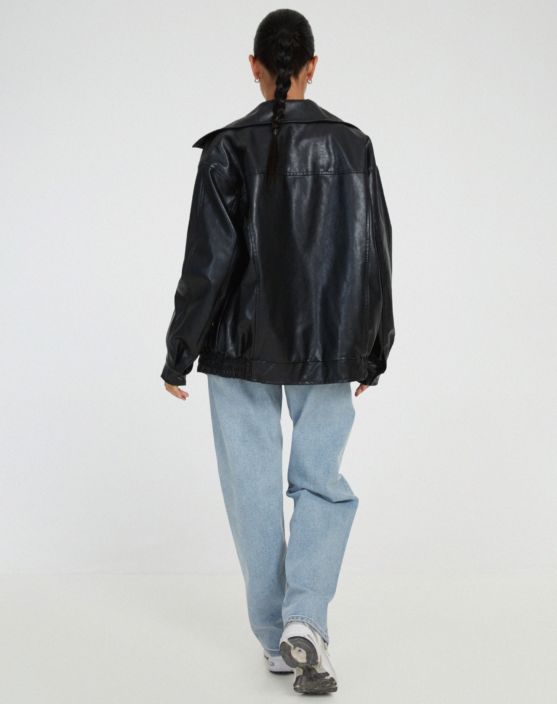 Oversized Leather Bomber Jacket with Boxy Dropped Shoulders and Elastic Hem for Women