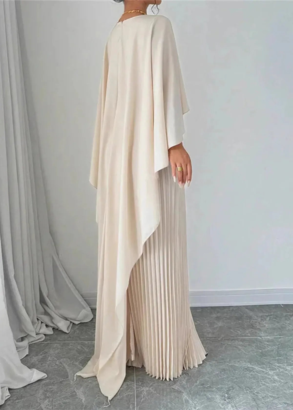 Pleated Maxi Dress with Cape Overlay and Tailored Bodice, Floor-Length