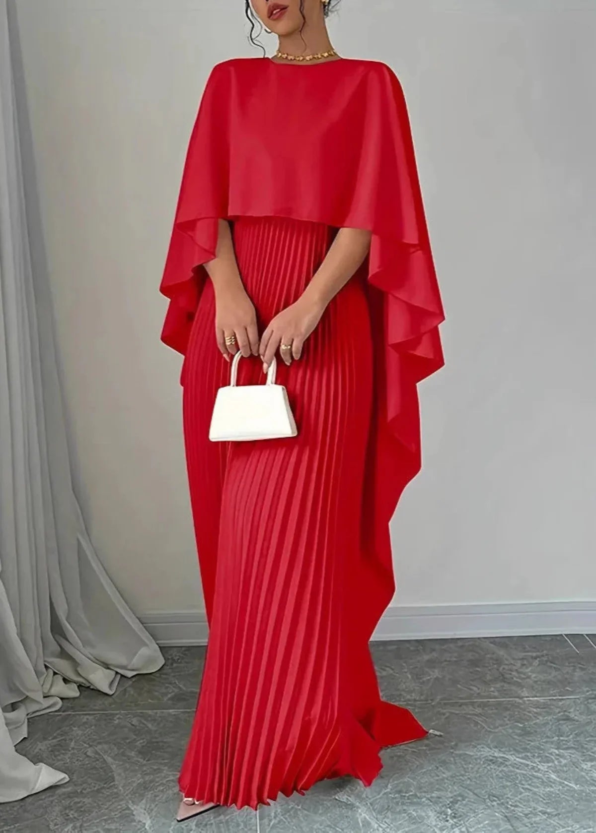 Pleated Maxi Dress with Cape Overlay and Tailored Bodice, Floor-Length