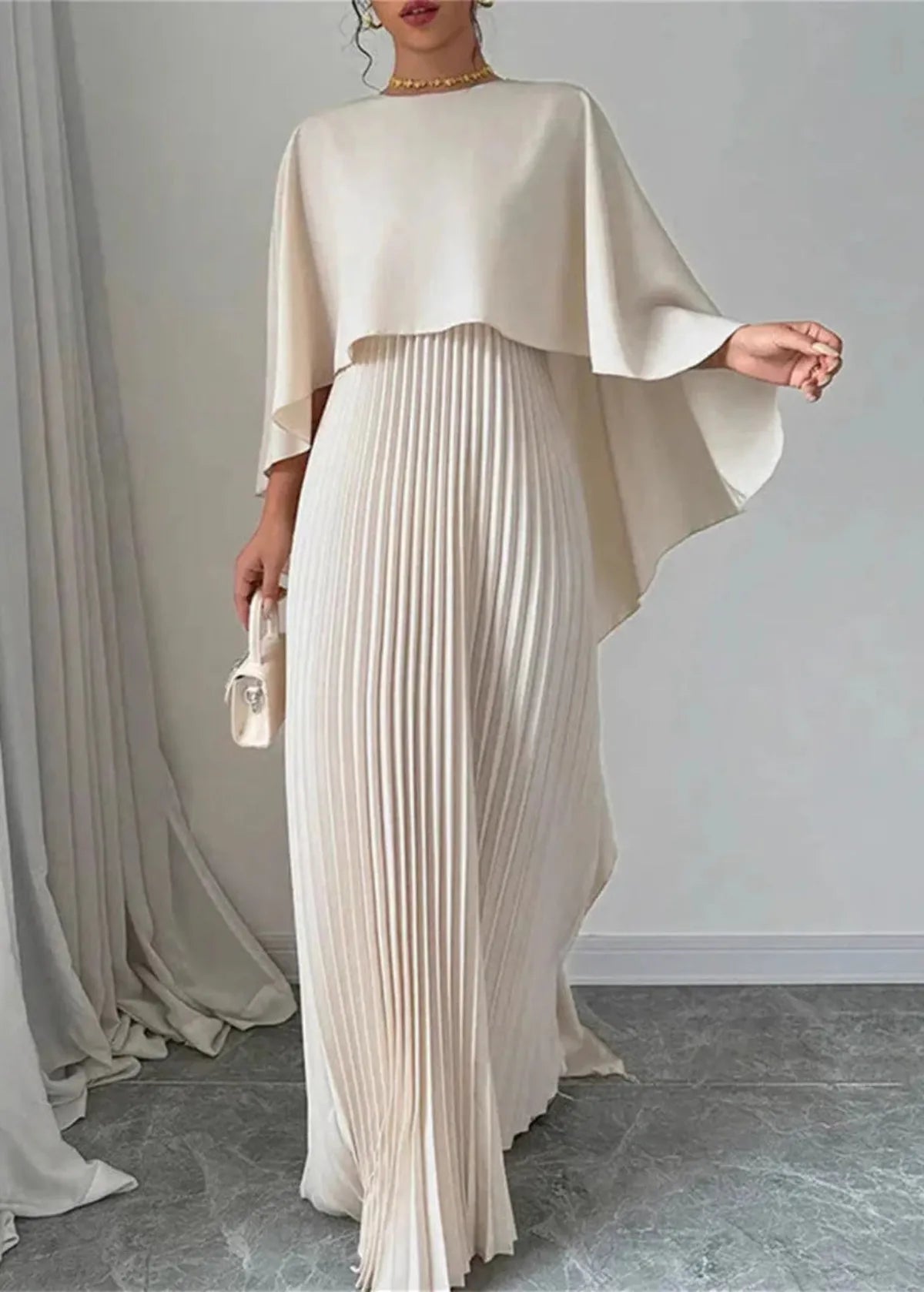 Pleated Maxi Dress with Cape Overlay and Tailored Bodice, Floor-Length