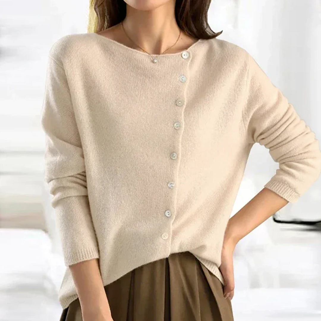 Women's Stretch Knit Sweater with Asymmetric Buttons and Lightweight Fabric