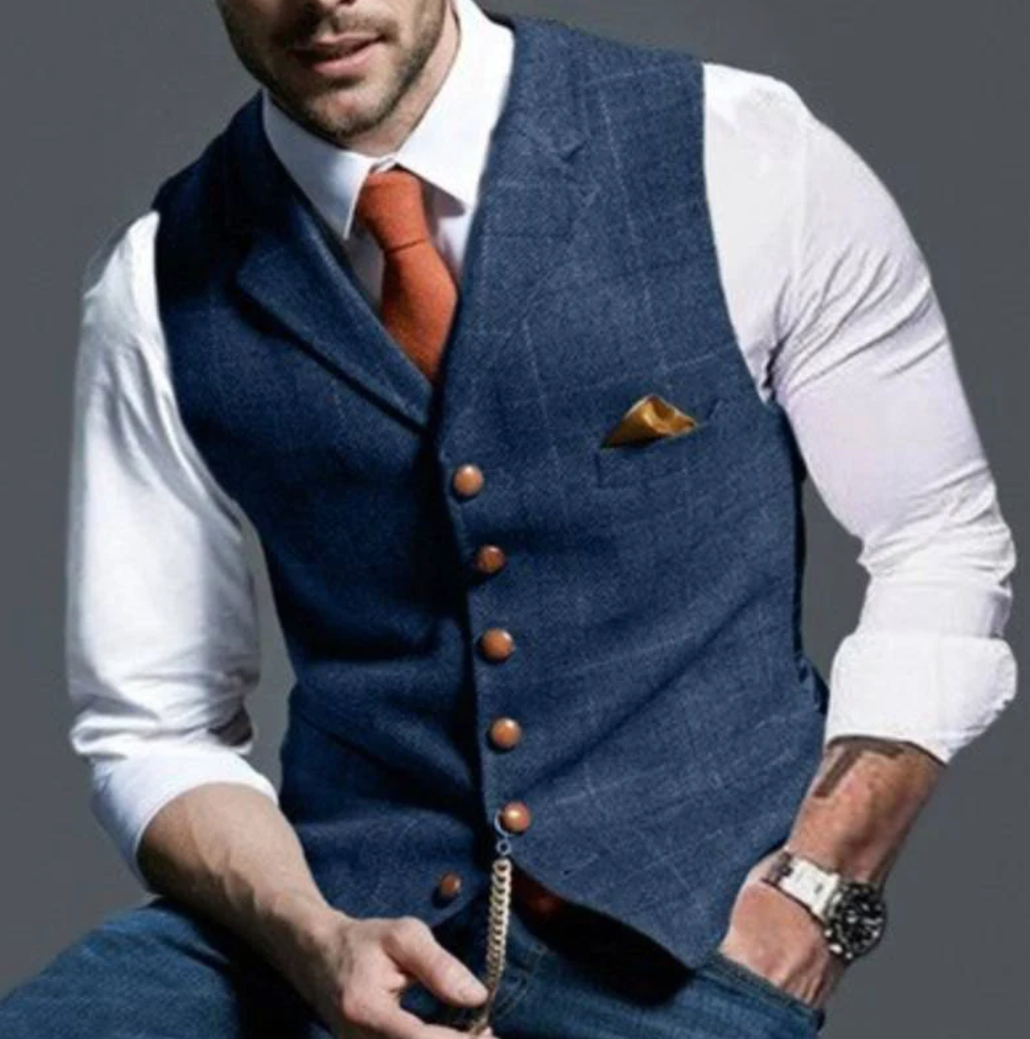 Men's V-Neck Vest with Adjustable Back Strap and Button Front, Woven Blend