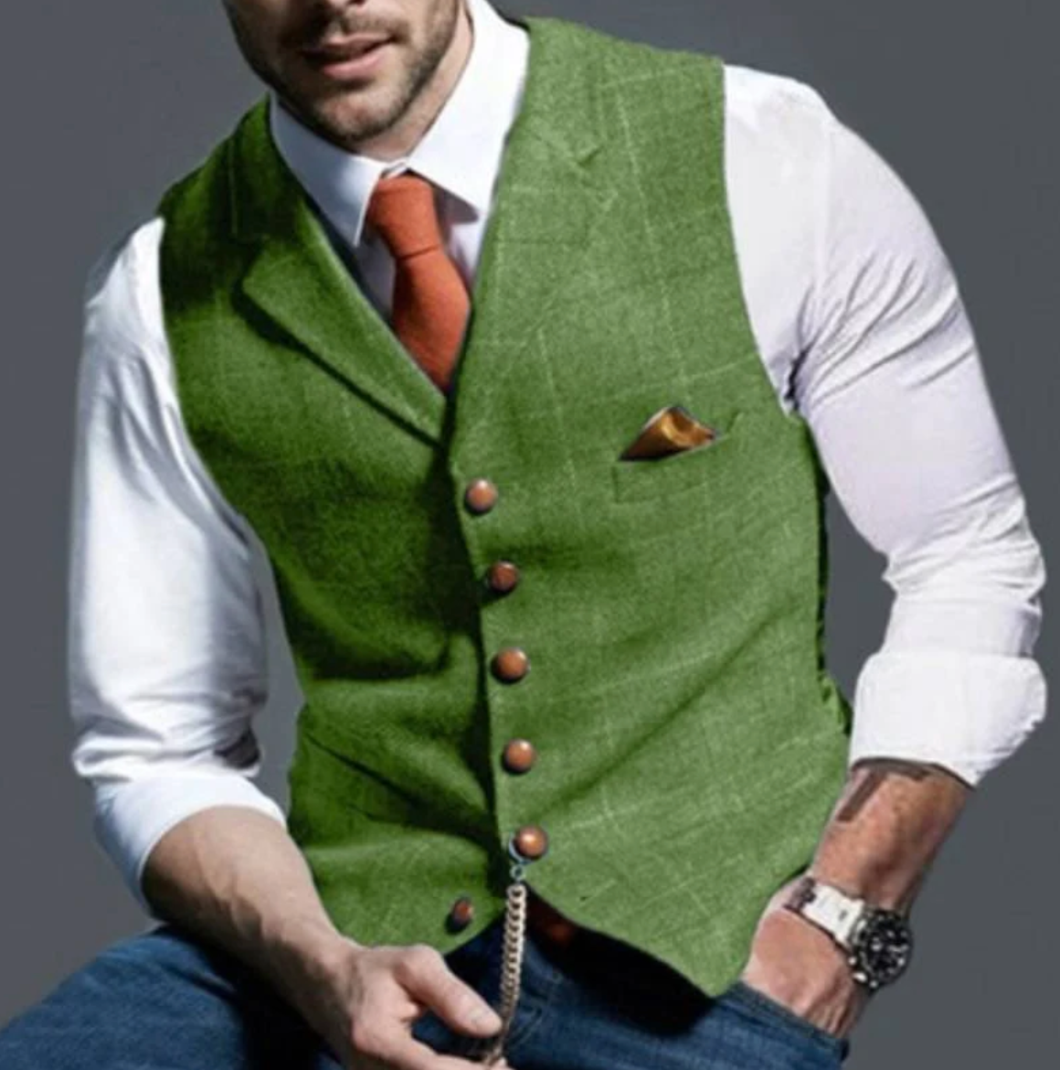 Men's V-Neck Vest with Adjustable Back Strap and Button Front, Woven Blend
