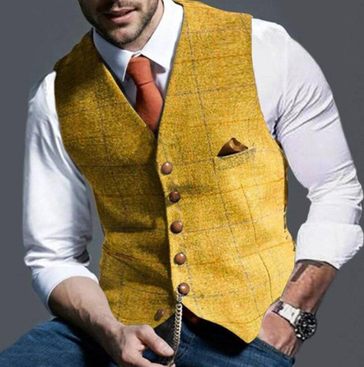 Men's V-Neck Vest with Adjustable Back Strap and Button Front, Woven Blend