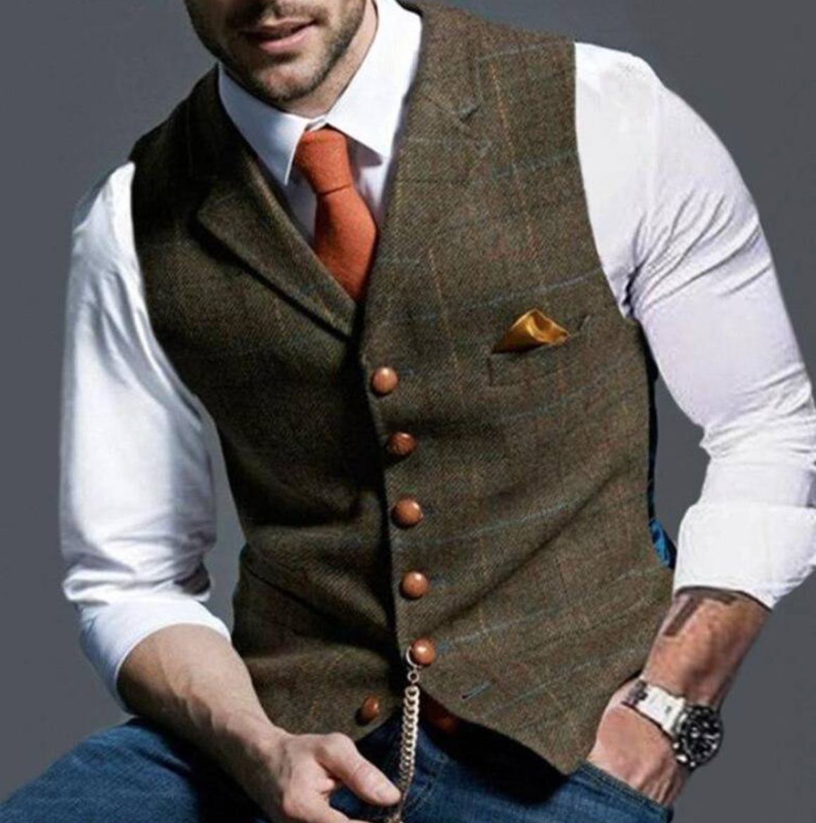 Men's V-Neck Vest with Adjustable Back Strap and Button Front, Woven Blend