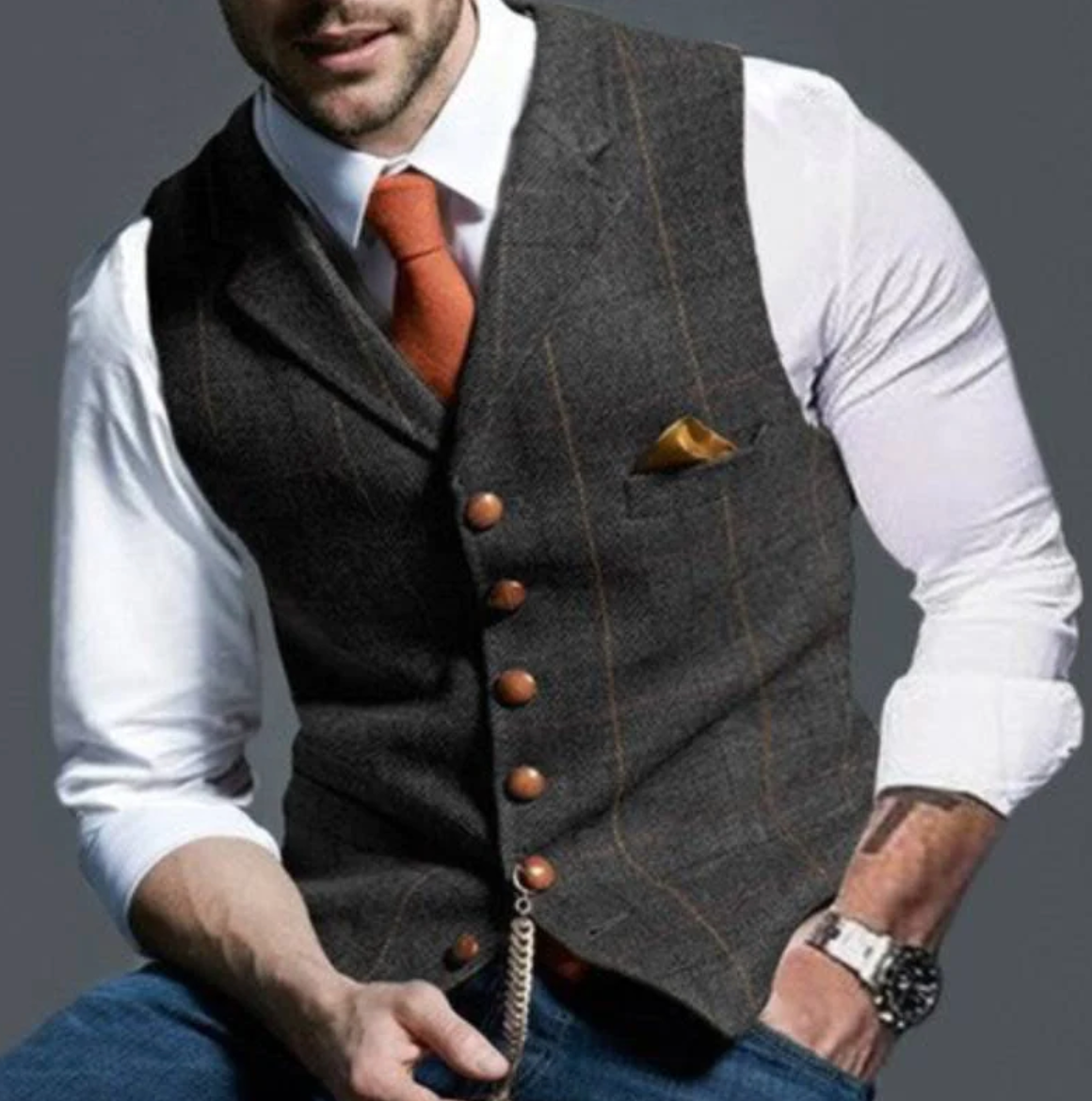 Men's V-Neck Vest with Adjustable Back Strap and Button Front, Woven Blend