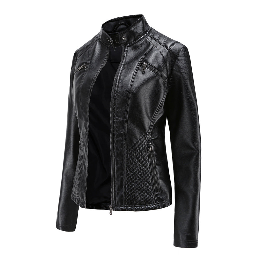 Women's Faux Leather Biker Jacket with Quilted Shoulders and Tailored Fit, Zip Pockets