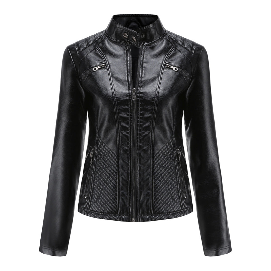Women's Faux Leather Biker Jacket with Quilted Shoulders and Tailored Fit, Zip Pockets