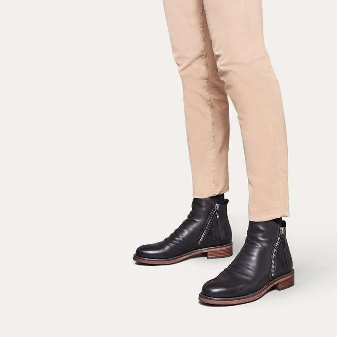 Mens Brown Leather Ankle Boots with Side Zipper and Cushioned Footbed