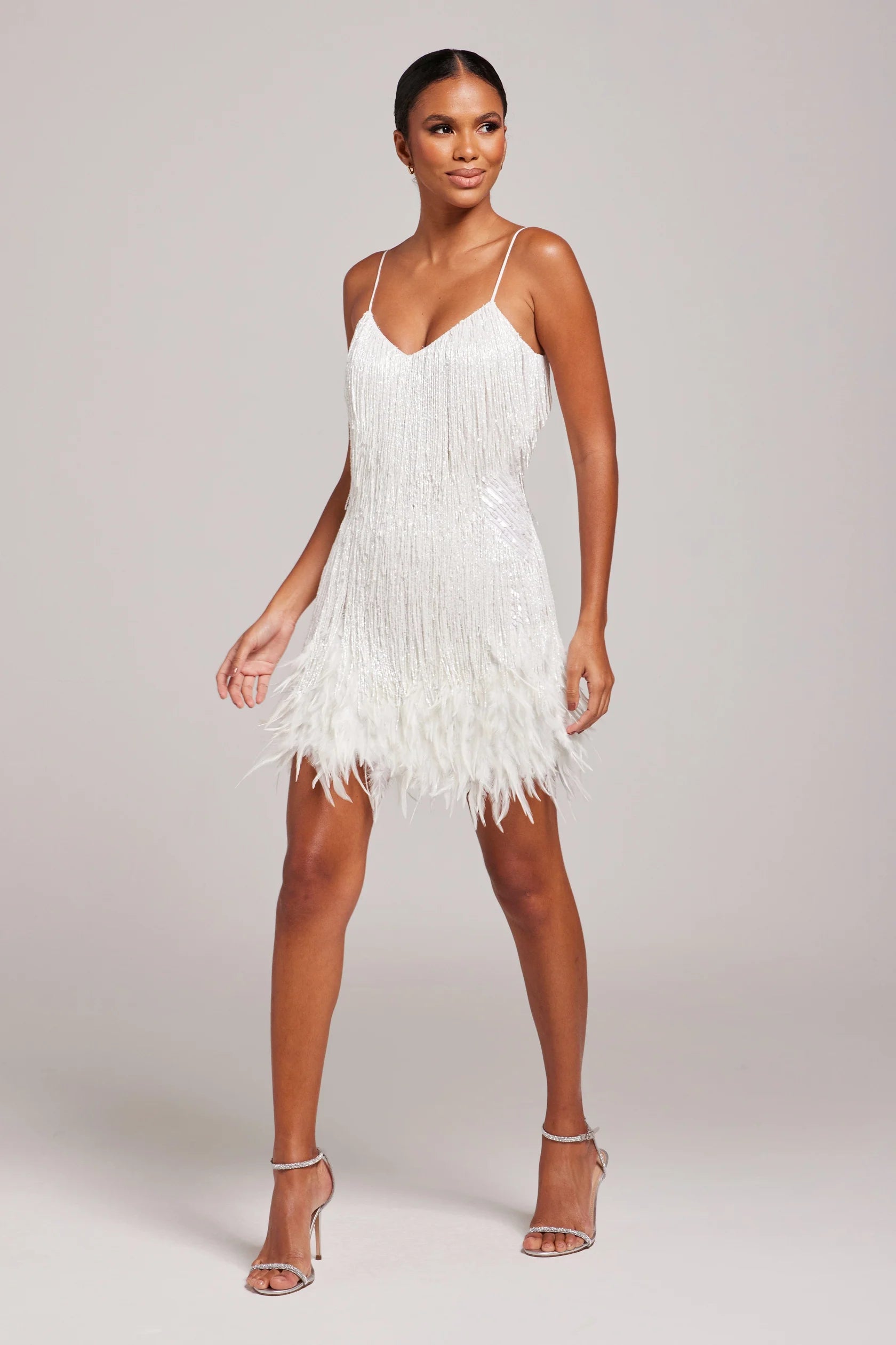 Cocktail Dress with Feather Fringe and Tailored Silhouette, Above Knee Length