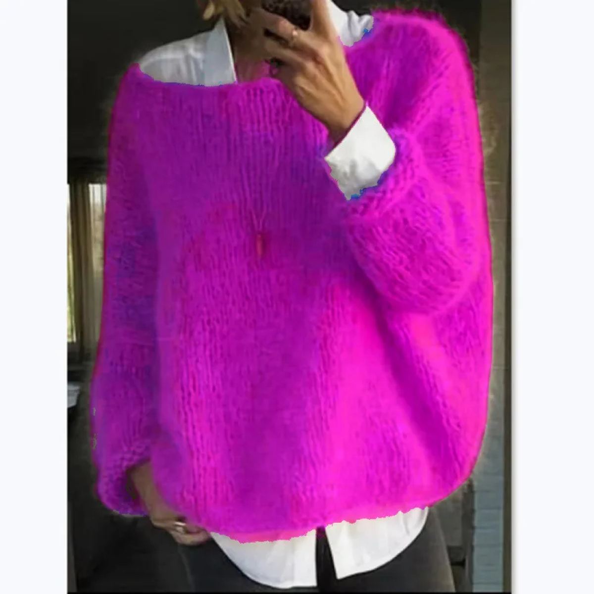 Long Sleeve Knit Sweater for Women with Soft Fuzzy Texture and Relaxed Fit, Ribbed Hem