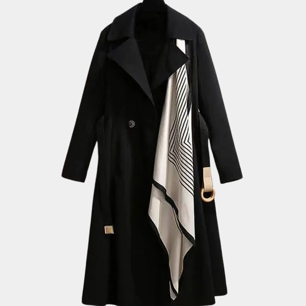 Double Breasted Belted Coat for Women with Integrated Scarf and Tailored Fit