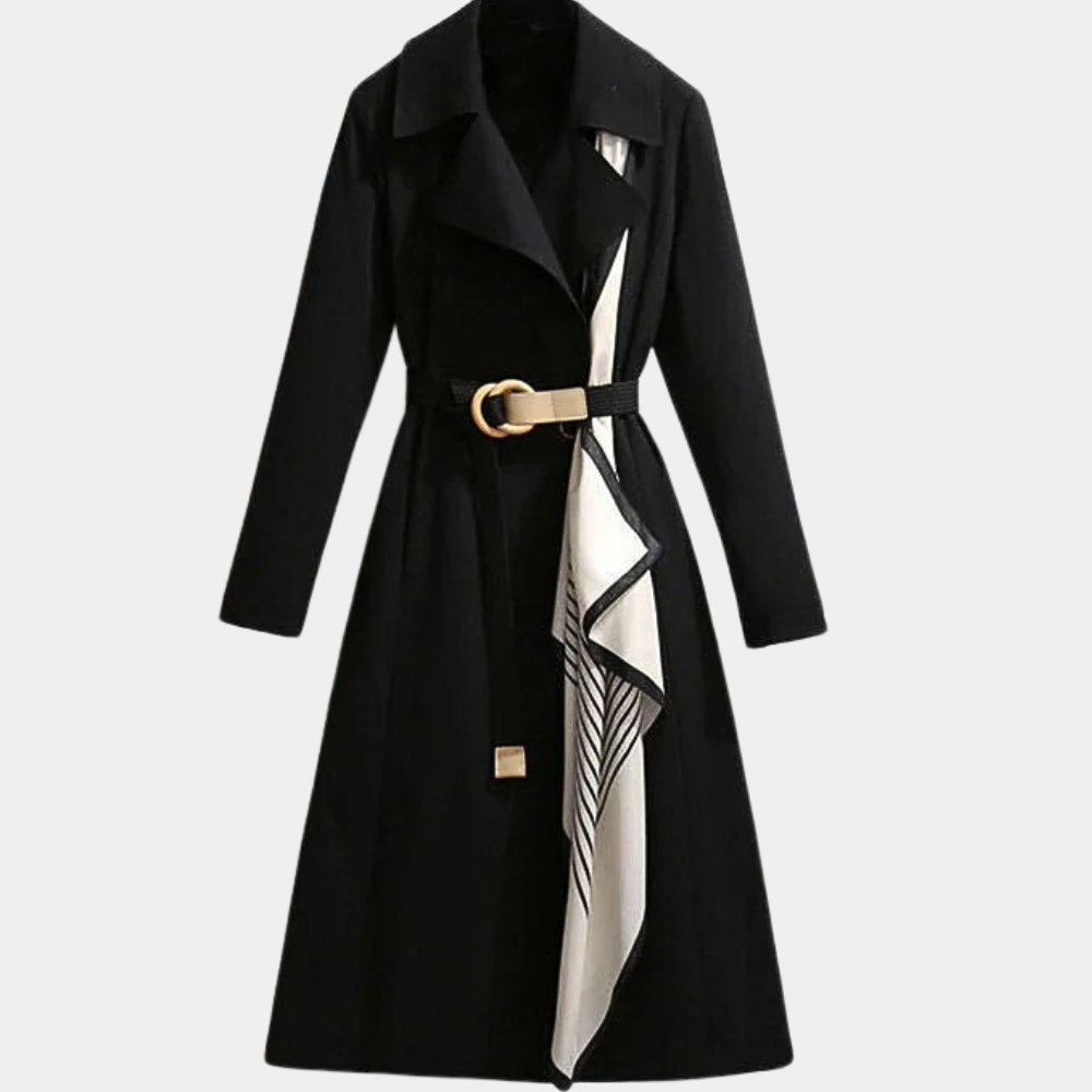 Double Breasted Belted Coat for Women with Integrated Scarf and Tailored Fit
