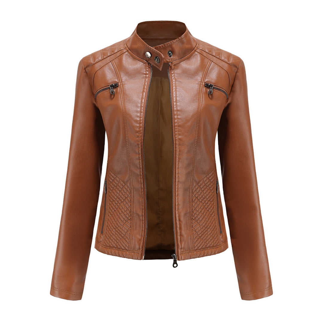 Women's Faux Leather Biker Jacket with Quilted Shoulders and Tailored Fit, Zip Pockets