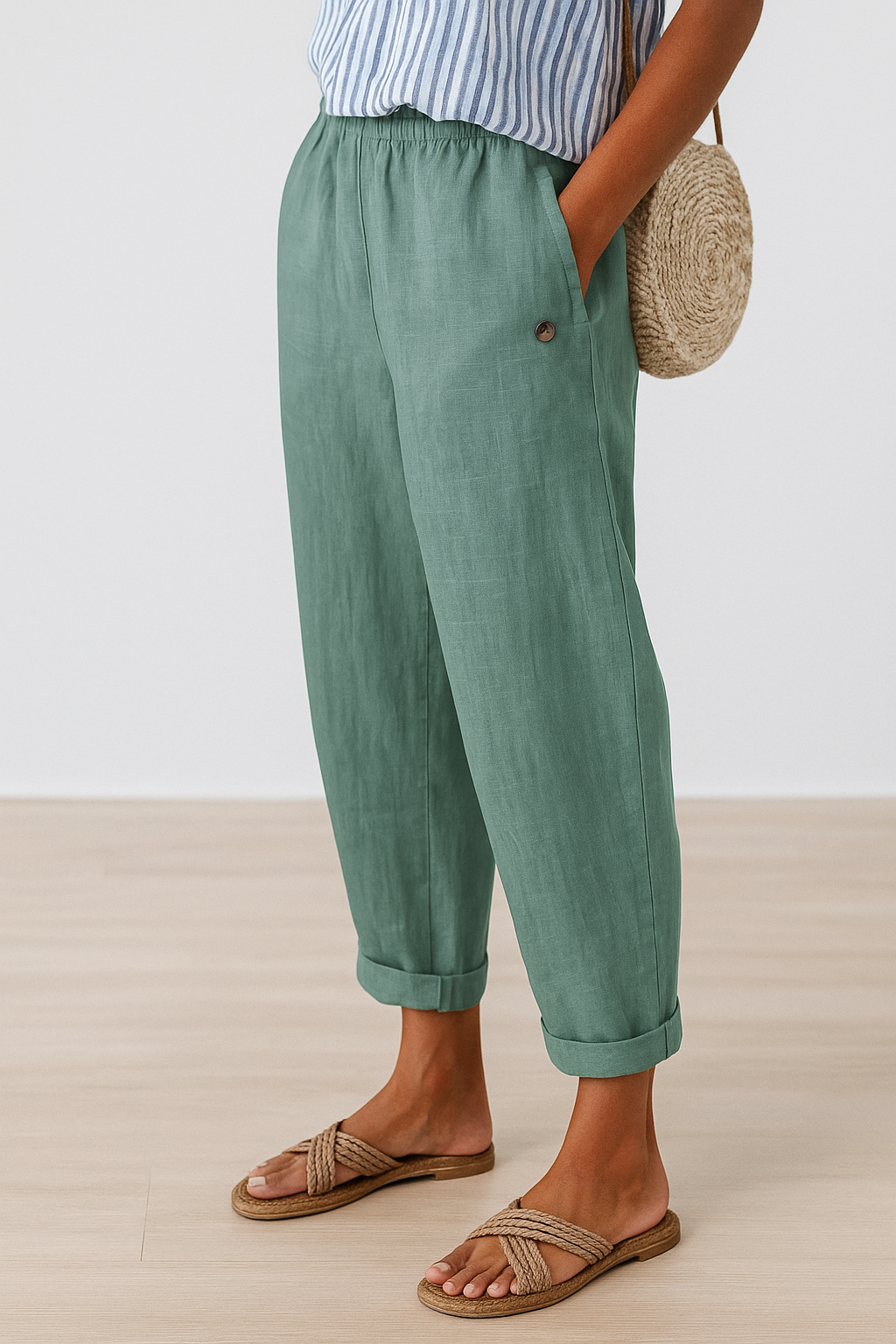 Lightweight Straight-Leg Pants with Elastic Waistband and Side Pockets