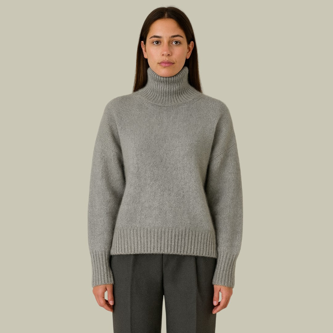 Women's Merino Wool Sweater with High Neck and Relaxed Silhouette, Soft Blend