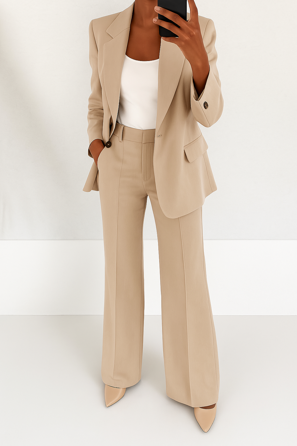 Women's Suit Set with Stretch Blazer and Straight Trousers, Wrinkle-Resistant