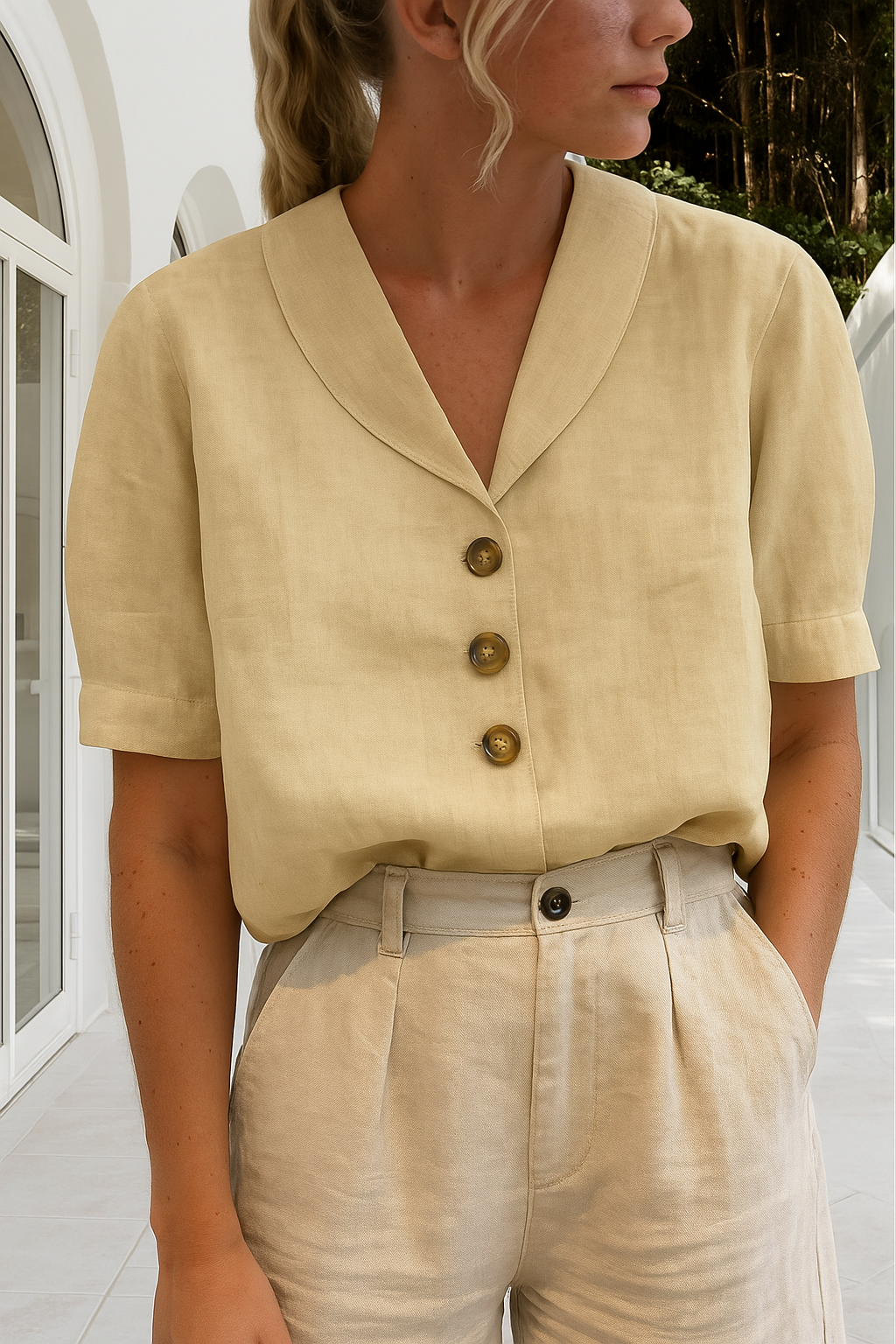 Wrap Neckline Blouse with Lightweight Breathable Fabric and Versatile Styling