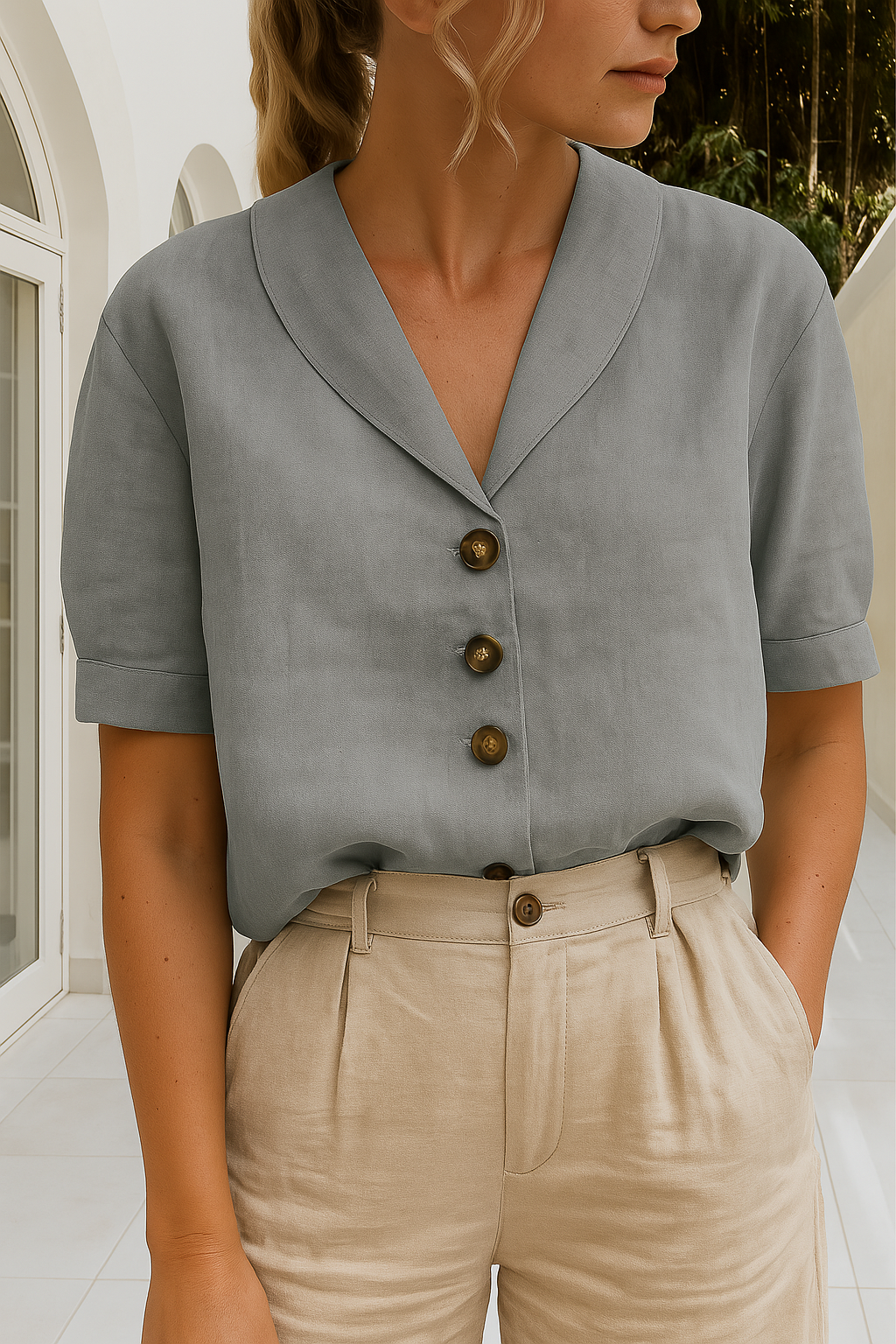 Wrap Neckline Blouse with Lightweight Breathable Fabric and Versatile Styling