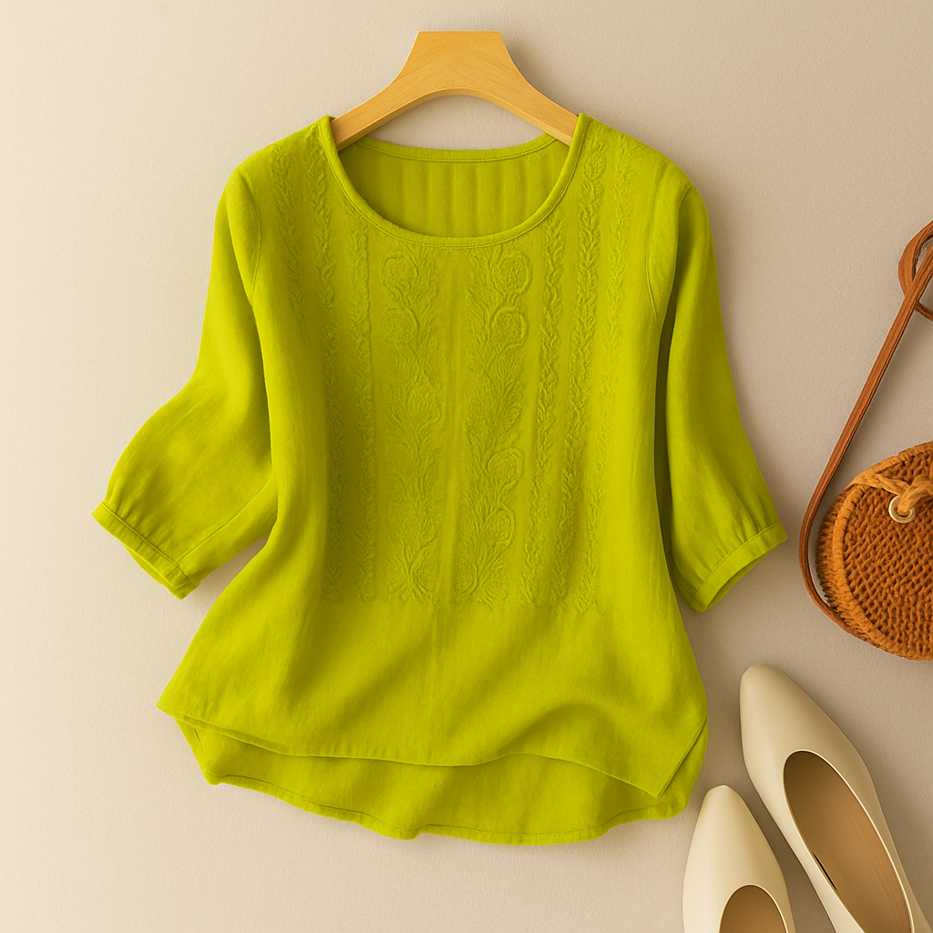 Embroidered Blouse with Relaxed Fit and Classic Collar, Long Sleeves