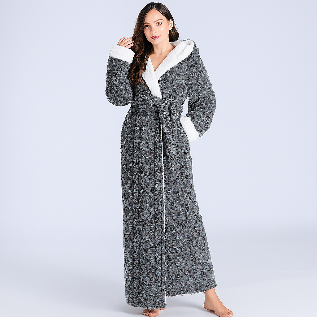 Women's Hooded Flannel Bathrobe with Plush Coral Fleece and Ankle-Length Coverage