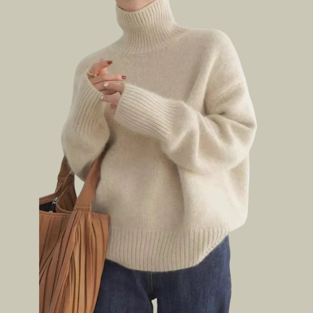 Women's Merino Wool Sweater with High Neck and Relaxed Silhouette, Soft Blend