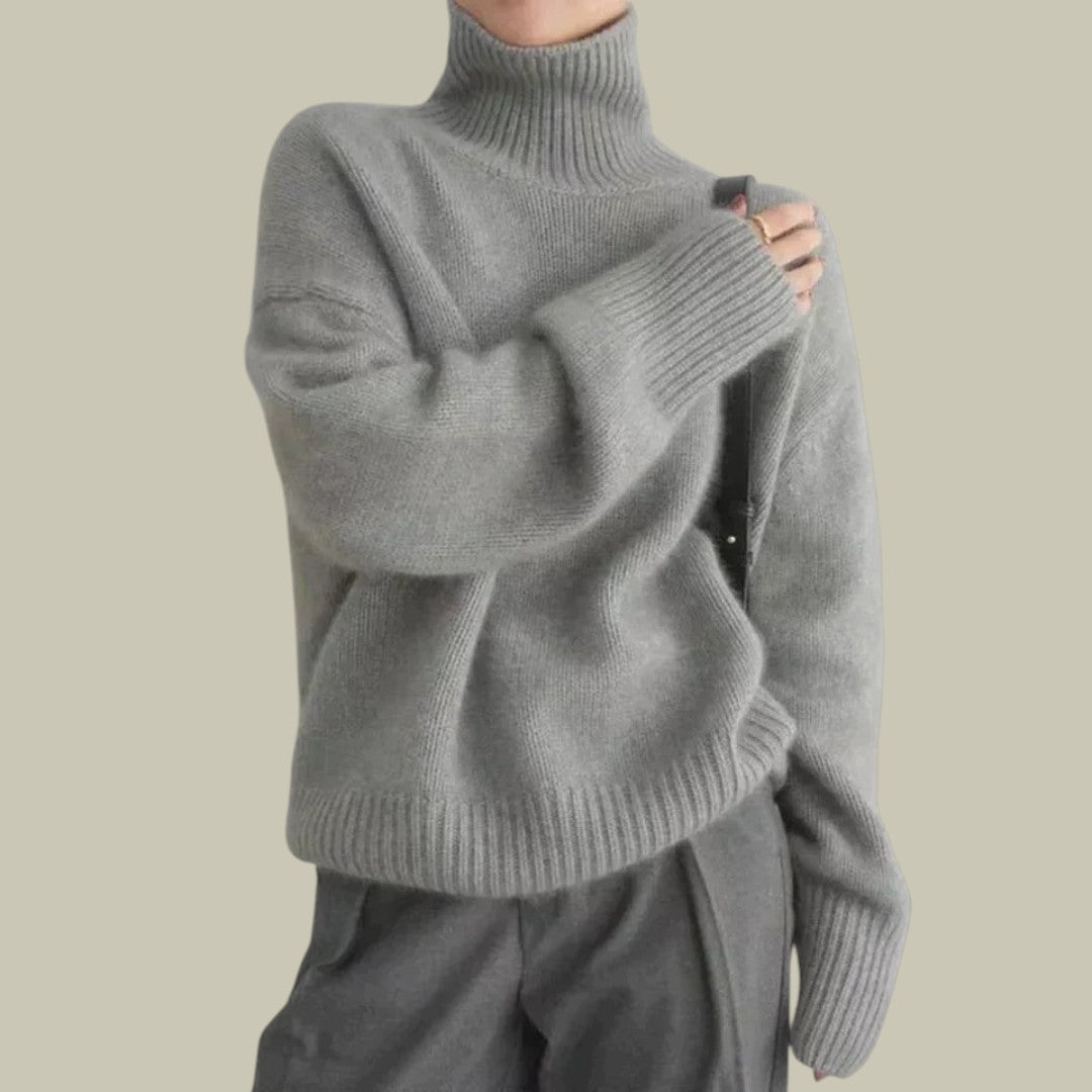 Women's Merino Wool Sweater with High Neck and Relaxed Silhouette, Soft Blend