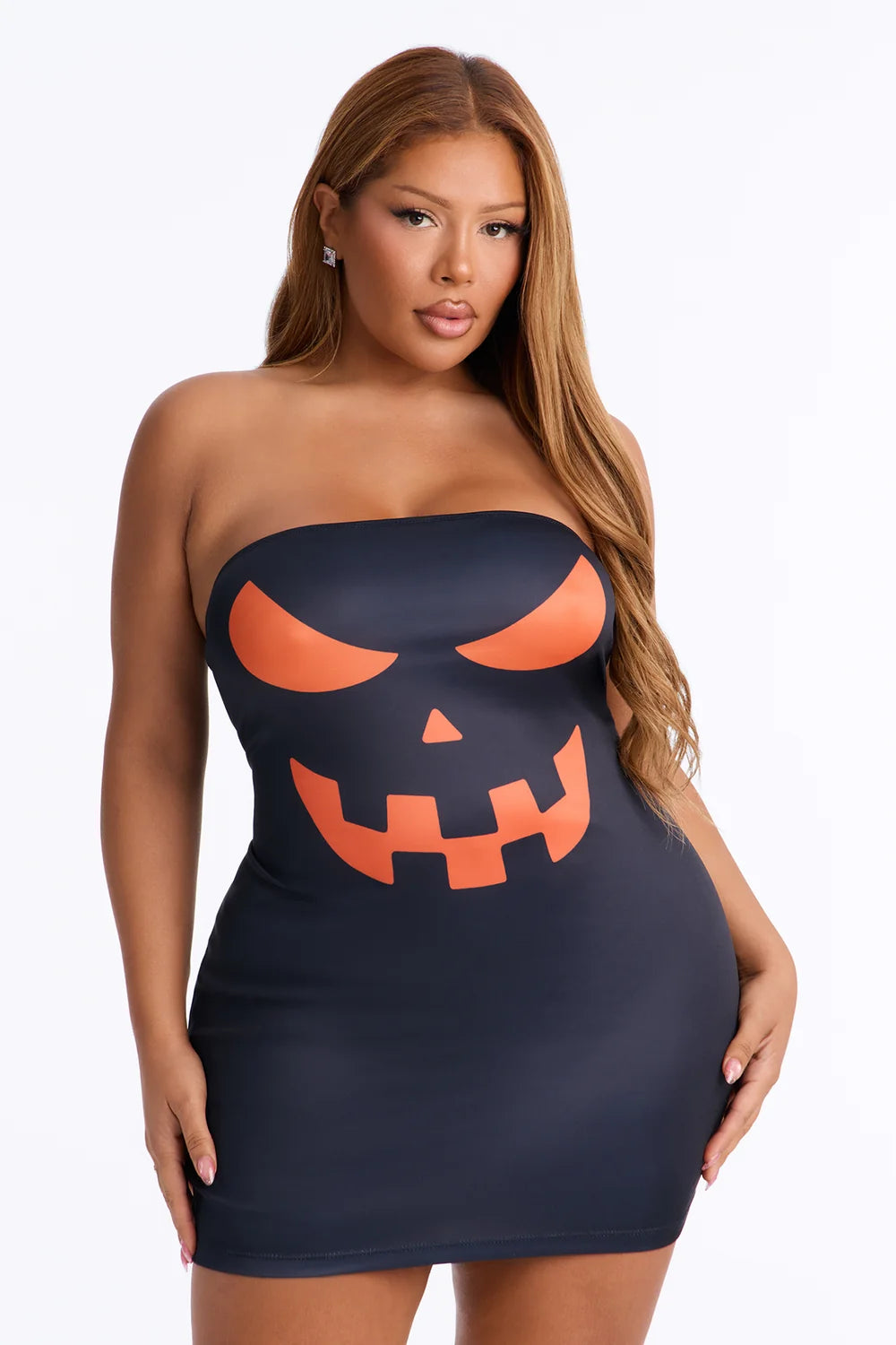 Jack O Lantern Pumpkin Graphic Mini Dress with Long Sleeves for Halloween