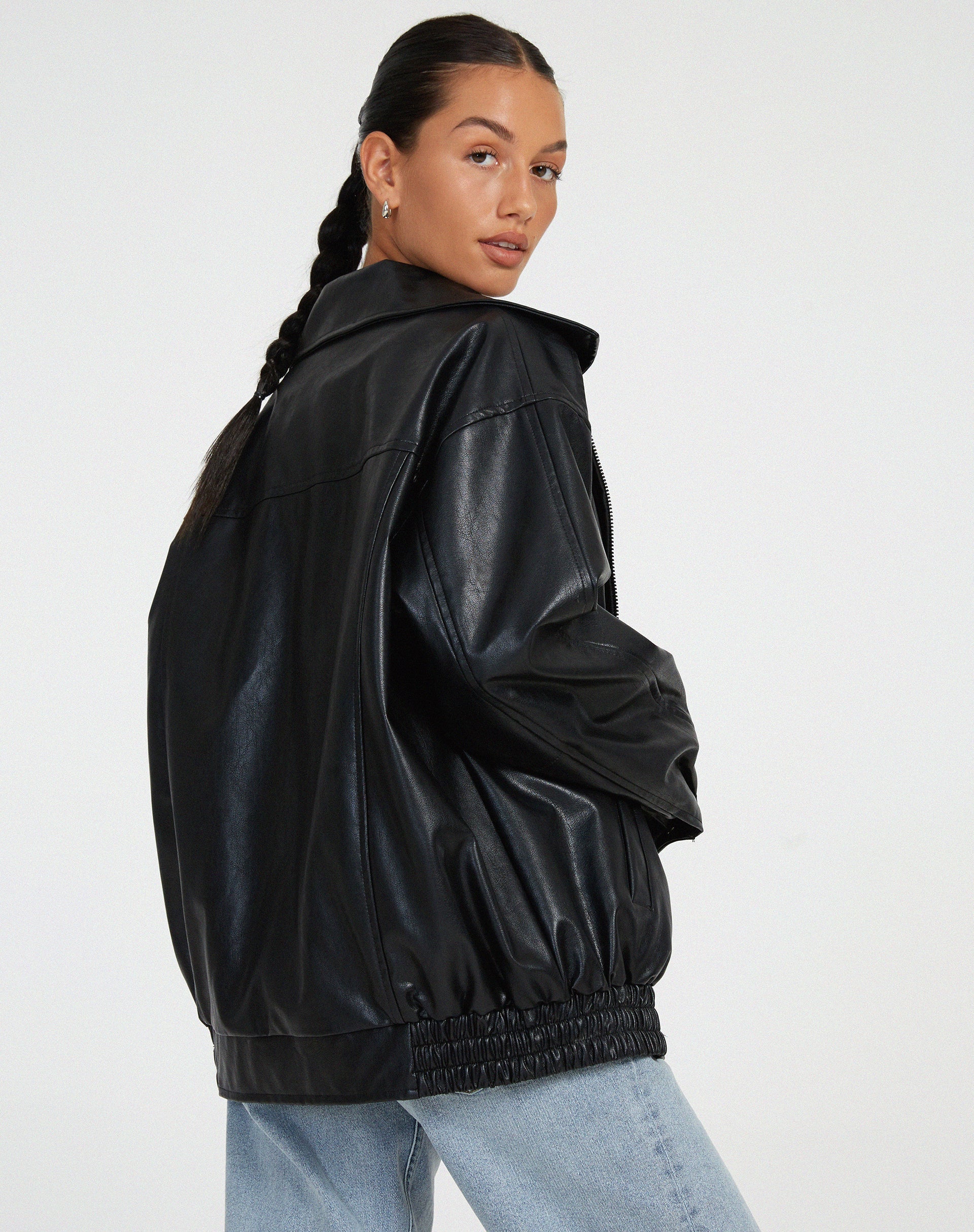 Oversized Leather Bomber Jacket with Boxy Dropped Shoulders and Elastic Hem for Women