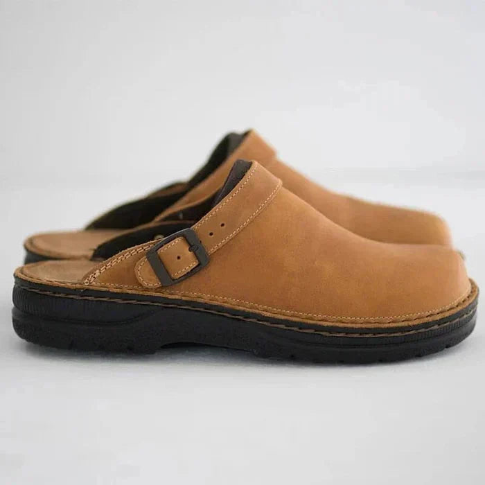 Leather Slip-On Clogs with Cushioned Thick Sole and Removable Padded Insole, Backless